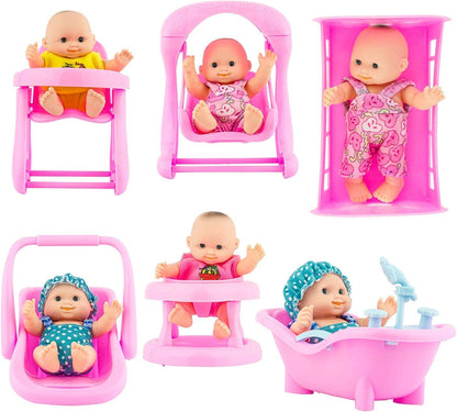 6 Set of Mini 5 Inch Baby Girl Toy Dolls Collection with High Chair, Cradle, Walker, Swing, Bathtub and Baby Seat Accessories for Girls 3-6 Years Old