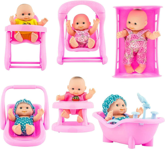 6 Set of Mini 5 Inch Baby Girl Toy Dolls Collection with High Chair, Cradle, Walker, Swing, Bathtub and Baby Seat Accessories for Girls 3-6 Years Old