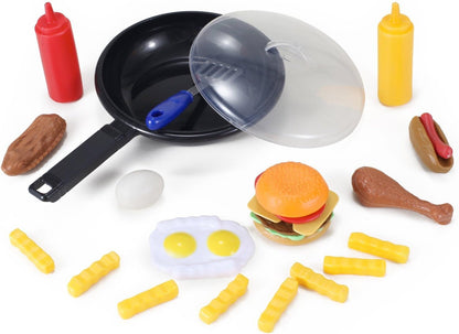 25 Pcs Play Food Kids Toy Set for Toddlers, Kitchen Cooking Toy Fast Food Pretend Play Toy Grill Set with Pan, Spatula & Sauce Bottles