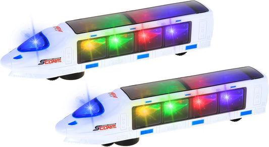 2 Pack Electric 3D Lightning Train Toy, Automatic Driving Changes Directions on Contact with Lights, Sounds, Music, and Color Effects for Boys, Girls Age 3+