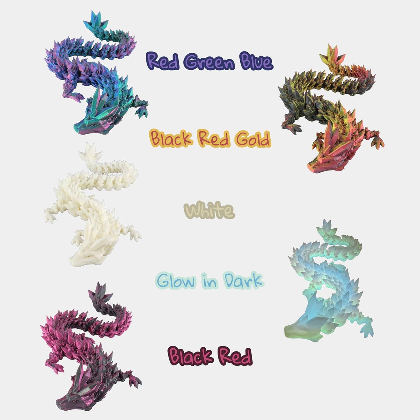 PowerTRC 10Pcs 3D Printed Crystal Dragons – Flexible 12 Inch 3D Printed Toy Dragon, Great for Gift Bags, Desk Decor, Party Favors, Perfect Basket Essentials Stuffers