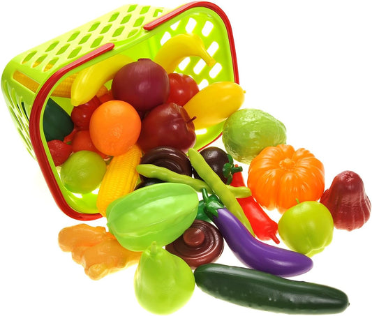 Fruits and Vegetables Shopping Basket Grocery for Kids Girls Boys (Educational Early Age Basic Skills Development Play Food Set)