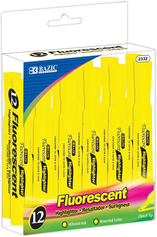 Highlighter – Yellow Color Chisel Tip Highlighter Set, Desk Style Highlighter Pen for Office, School, and Study Use, Fluorescent Yellow Ink, Smooth Marking, 12-Count, 12-Packs