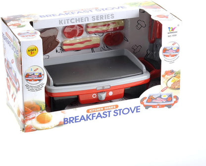 Breakfast Kids Toy Grill Playset for Ages 4-8, Cooking Toys Play Grill Set for Kids, Pretend BBQ Grill with Realistic Sounds Foods Utensils