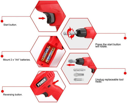 Kids Power Tools Mini Toy Drill Set with 3 Interchangeable Drill Bits Sound and Motion | Pretend Play | Kids Tools