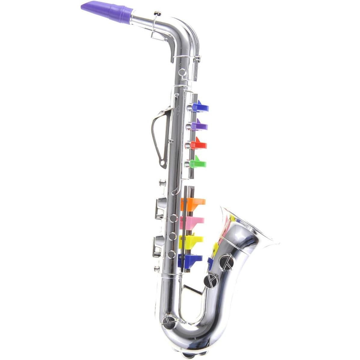 Kids Saxophone Music Toy | Wind Musical Instrument | 8 Colored Keys | Toddlers | Learning Saxophone | Metallic Silver