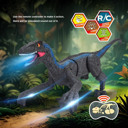 Remote Control Dinosaur for Kids Ages 3 4 5 6 7 8 9 10, RC LED Roaring Sound Rechargeable USB Port Realistic Outdoor 2.4G RC Dinosaur Toys Gifts for Boys Kids 3-10 Years Old Velociraptor Toys, Gray