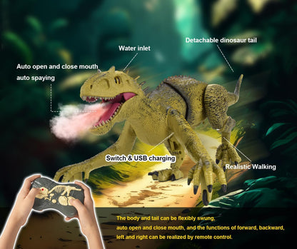 Remote Control Dinosaur for Kids Ages 3 4 5 6 7 8 9 10, Auto Mist Spraying RC LED Sound Rechargeable USB Port Realistic Outdoor 2.4G RC Dinosaur Toys Gifts for Boys Kids 3-10 Years Old Indo Rex Toys