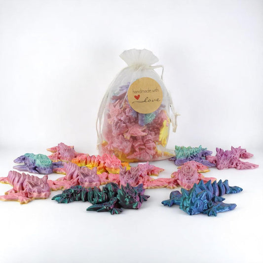 PowerTRC 3D Printed Cute Baby Dragon Wyverns (Pack of 10) – 3 Inch Articulated Desk Toys, Flexible Fidget Dragons, Party Favors, Gift Bag Fillers, Rainbow Mixed Colors with Drawstring Bag
