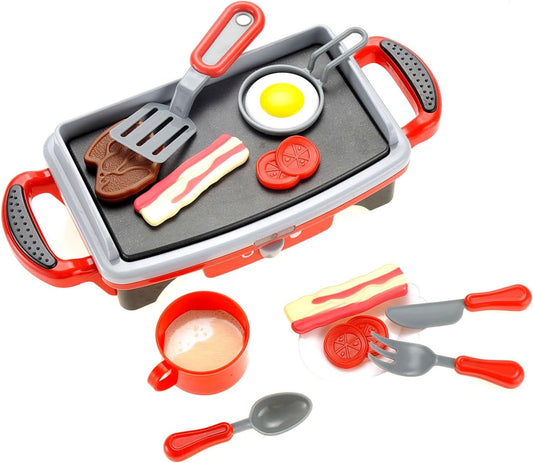 Breakfast Kids Toy Grill Playset for Ages 4-8, Cooking Toys Play Grill Set for Kids, Pretend BBQ Grill with Realistic Sounds Foods Utensils