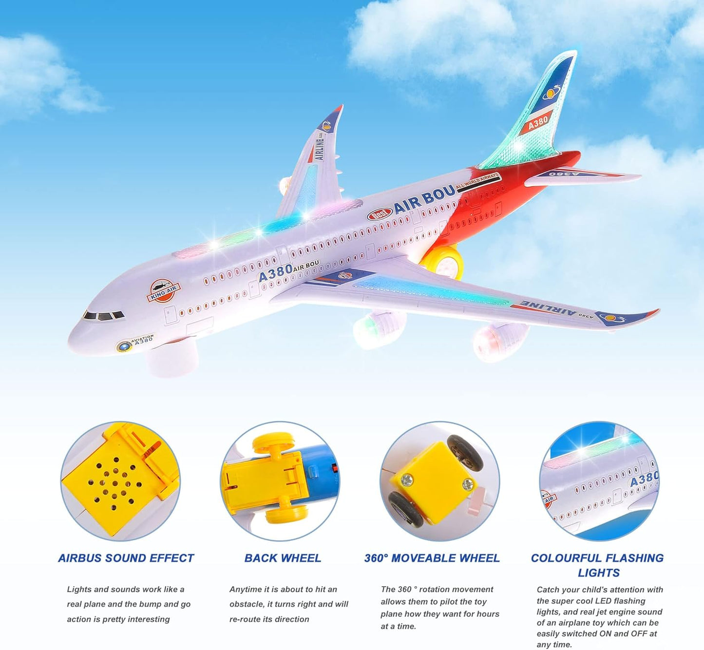 Kids Airplane Toys, Bump & Go Action Toddler Toy Airplane with LED Flashing Light, Music, Airplane Sound, Great Gift for Boys Girls Ages 3-12