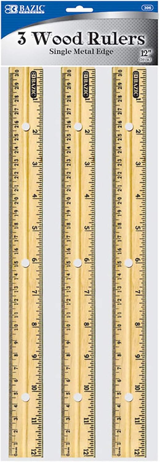 Wooden Ruler 12" (30cm), Singel Metal Edge, Inches Centimeter Metric Measuring Drafting Rulers, for Students School Supplies (3/Pack), 1-Pack