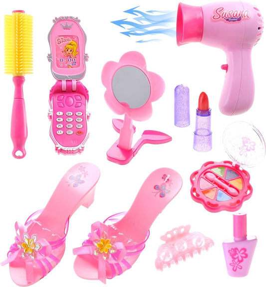 Stylish Little Princess Dress Up Beauty Play Set | Realistic Pretend Play Set | Pink Fashion Kit for Girls | Girl Toys Hair Dryer, Shoes and Makeup | Gift for Girls Ages 4 5 6 7 8