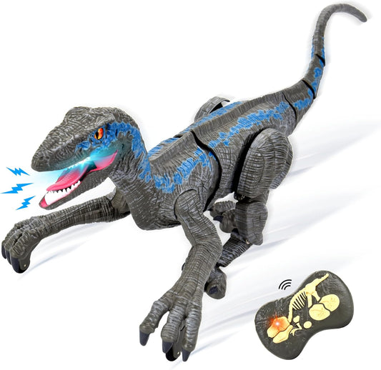 Remote Control Dinosaur for Kids Ages 3 4 5 6 7 8 9 10, RC LED Roaring Sound Rechargeable USB Port Realistic Outdoor 2.4G RC Dinosaur Toys Gifts for Boys Kids 3-10 Years Old Velociraptor Toys, Gray