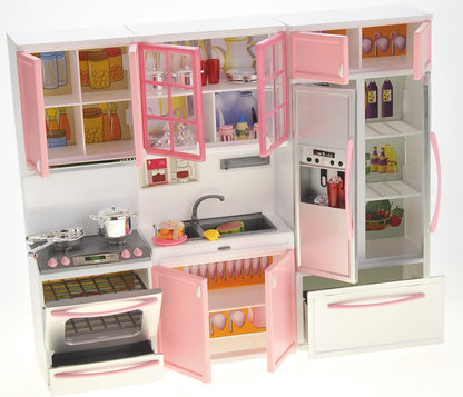 Doll Kitchen Play Set, Mini Modern Toy Pink Kitchen Pretend Play Furnitures Toy Set Accessories Set with Realistic Light & Sound for Kids Toddlers Girls (3-in-1)