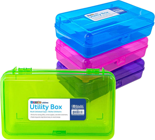 Plastic Pencil Case Utility Storage Box, Bright Color, Multi Purpose Organizer for Pens Pencils, 4-Pack