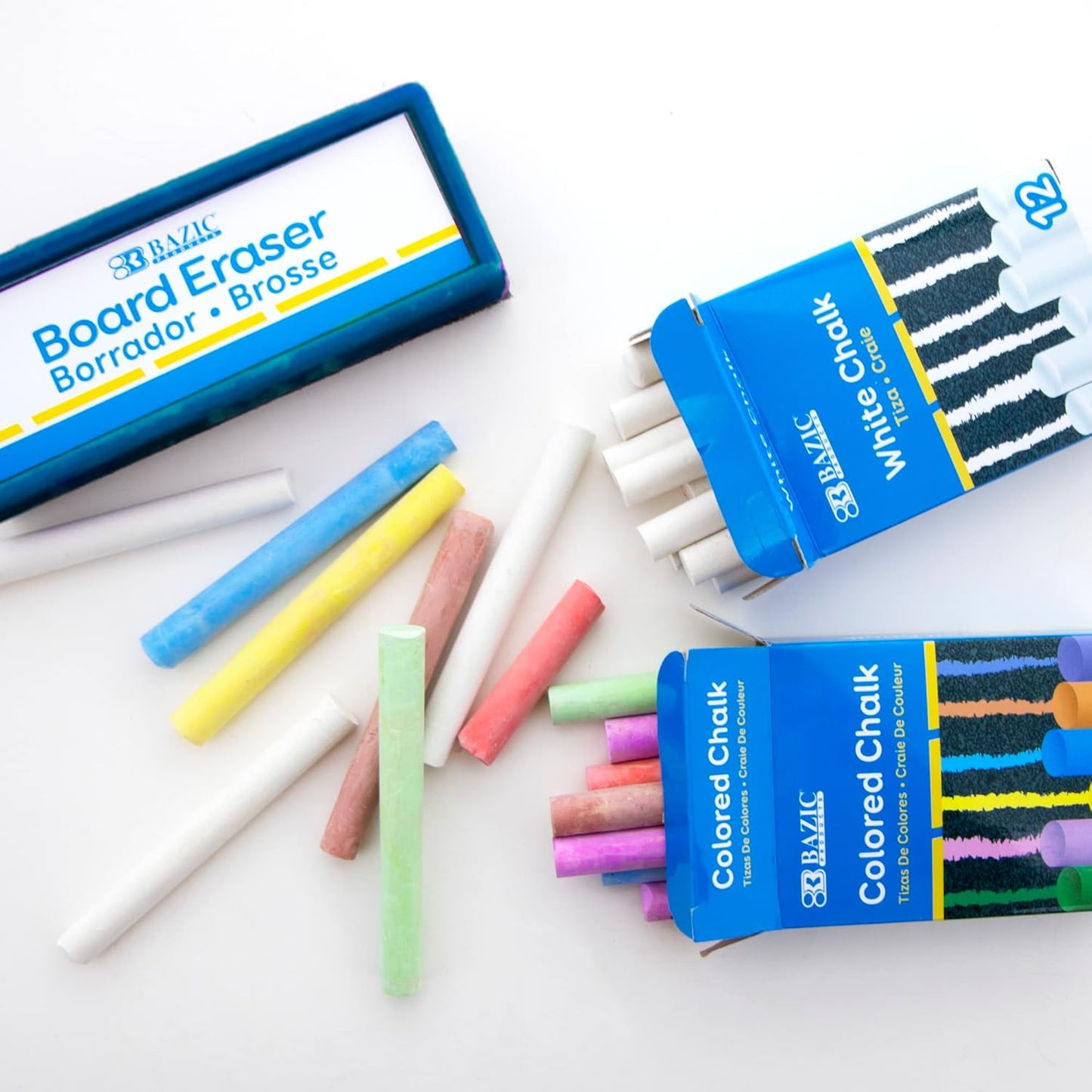 Colored (12 Pcs) + White (12 Pcs) Chalk + Premium Chalkboard Eraser Bundle, Non-Toxic Kids Art Office Classroom Store Home, 1-Pack