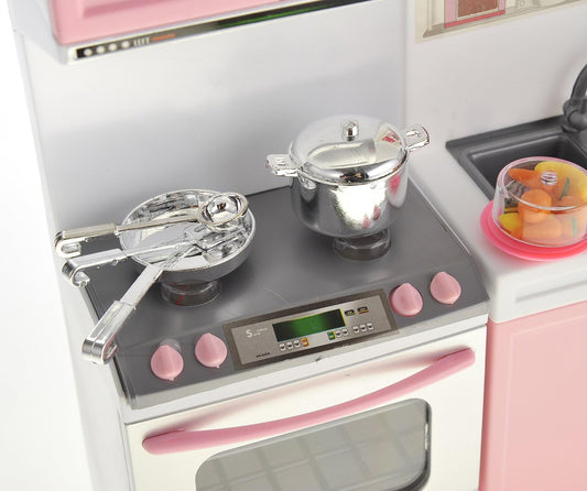 Doll Kitchen Play Set, Mini Modern Toy Pink Kitchen Pretend Play Furnitures Toy Set Accessories Set with Realistic Light & Sound for Kids Toddlers Girls (3-in-1)