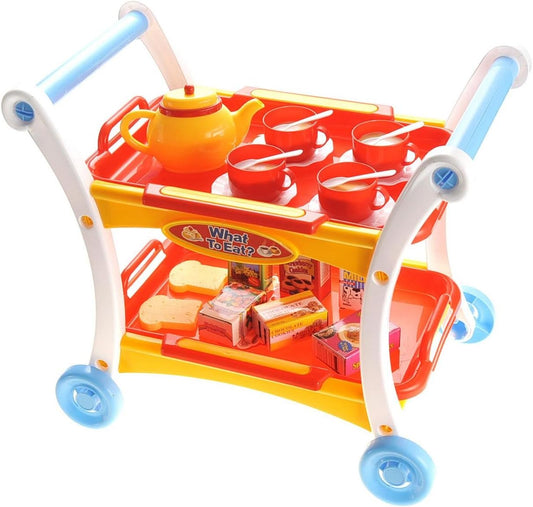 Tea Set Toy for Little Girls, Tea Trolley Cart w/ Tea Pots Cups Accessories, Tea Party Kitchen Pretend Play Set Gifts for Kids Toddlers Toys