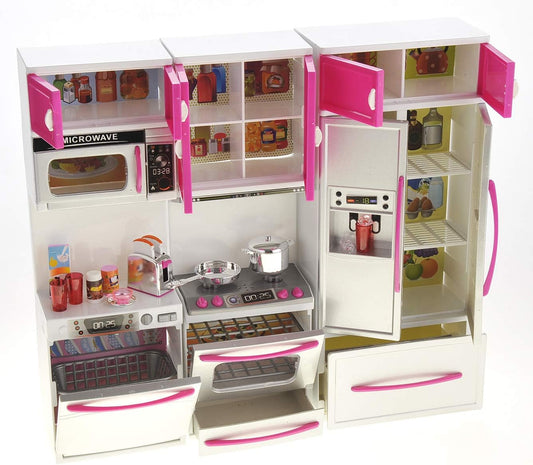 Doll Kitchen Playset, Mini Modern Kitchen Toys Pretend Play Furnitures Toy Sets Accessories Set with Realistic Light & Sound for Kids Toddlers Girls