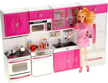 Doll Kitchen Playset, Mini Modern Kitchen Toys Pretend Play Furnitures Toy Sets Accessories Set with Realistic Light & Sound for Kids Toddlers Girls