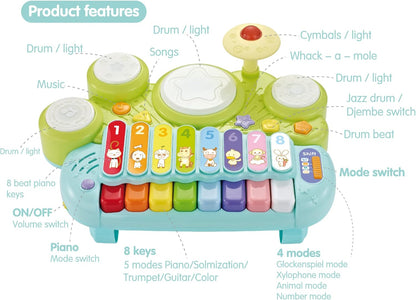 3 in 1 Musical Instrument Toy for Baby & Toddler, Electronic Piano Keyboard with Xylophone and Drum Set, Learning Toy with Lights and Sound, Educational Montessori Toys for Babies