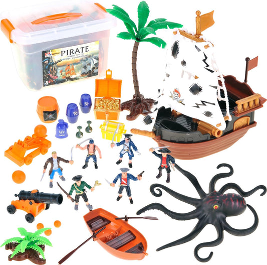 Pirate Action Figures with Pirates, Sea Monsters, Boats, Treasure Chests, Cannons and Figurines Playset for Kids