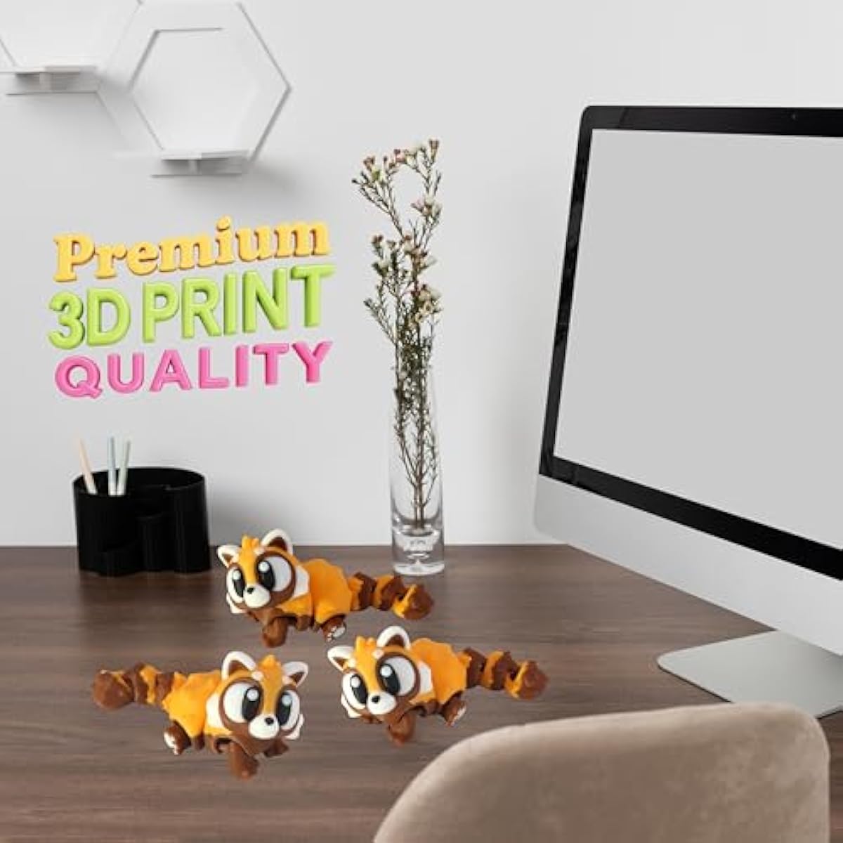 3D Printed Articulated Red Panda Fidget Toy 3 Pack – Flexible Cute Animal Desk Decor, Adult Collectible – 3D Printed in USA