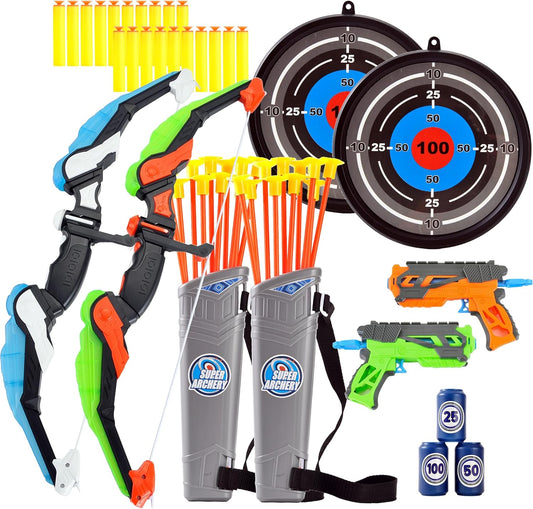 2 Pack Bow and Arrow Set for Kids 8-12, Suction Cup Bow and Arrow Game Set with Target Practice LED Light Up Kids Archery Set Outdoor Play Toys 2 Quivers 2 Blasters 20 Arrows & Darts