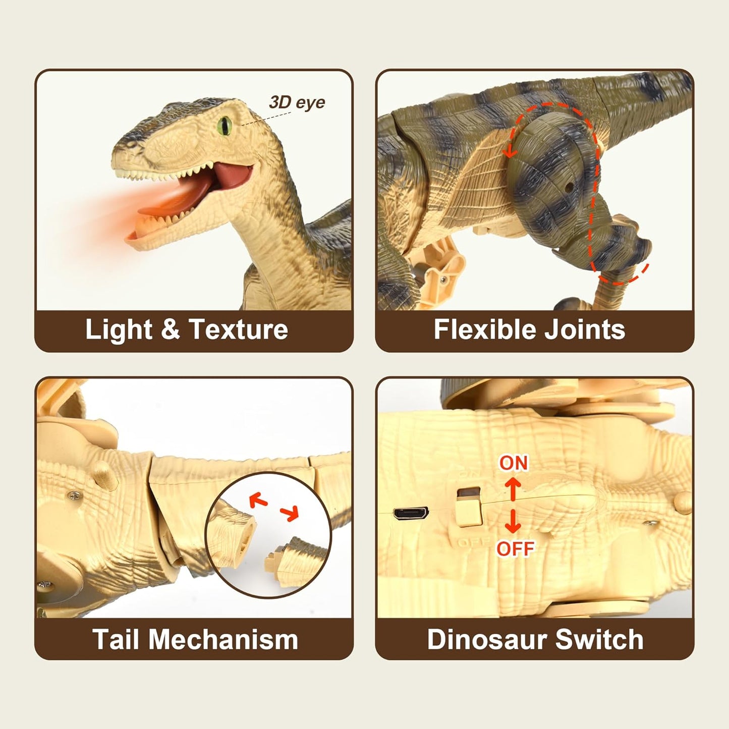 Remote Control Dinosaur for Kids Ages 3 4 5 6 7 8 9 10, RC LED Roaring Sound Rechargeable USB Port Realistic Outdoor 2.4G RC Dinosaur Toys Gifts for Boys Kids 3-10 Years Old Velociraptor Toys, Gray