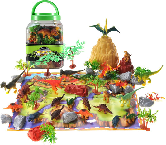 PowerTRC Jurassic Dinosaur Figures Playset with Trees, Rocks, Playmat & Container, Create a Realistic Prehistoric Dino Park, Dinosaur Toys for Kids 3-5, Gift for Boys and Girls 3 4 5 6 7