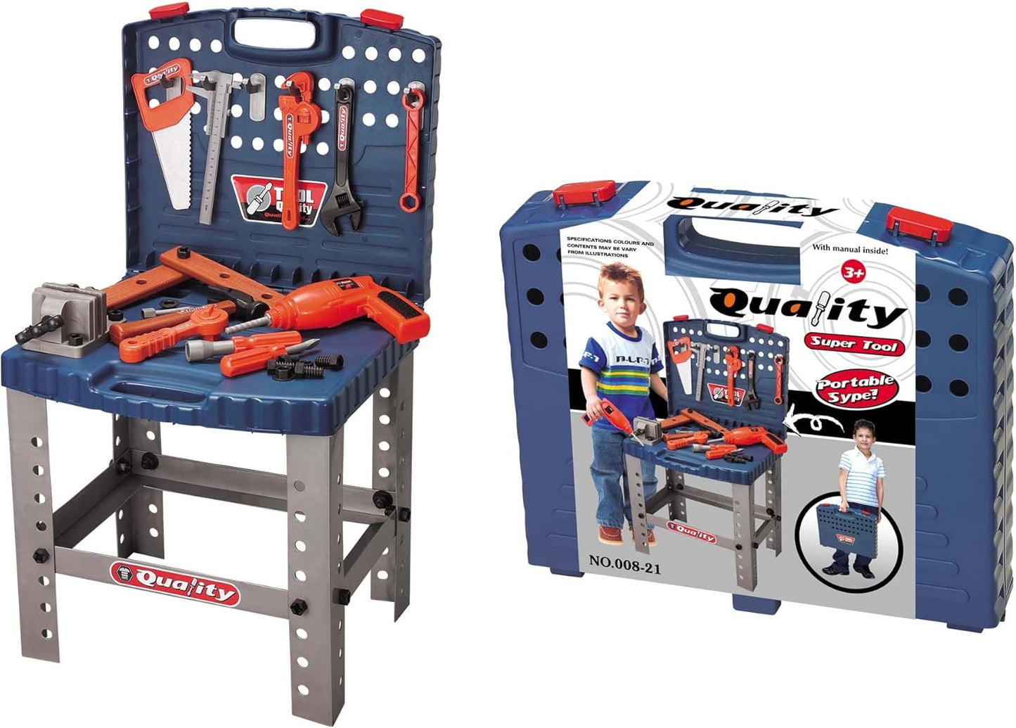 PowerTRC Kids Tool Workbench Set with Electronic Cordless Drill and 11 Pretend Play Construction Tool Accessories