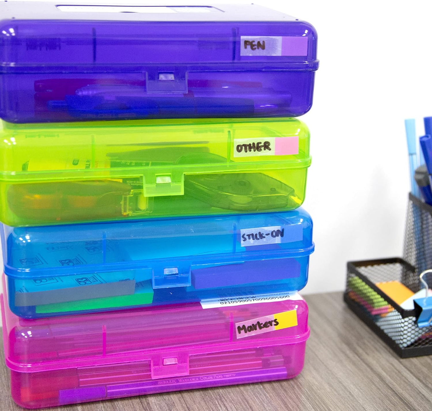 Plastic Pencil Case Utility Storage Box, Bright Color, Multi Purpose Organizer for Pens Pencils, 4-Pack