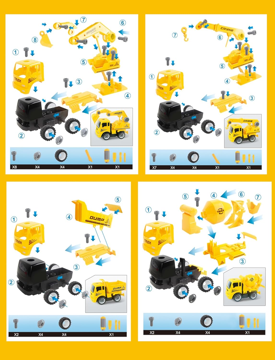 PowerTRC Take-A-Part Construction Truck with 4 Different Forms Dump Truck Crane Cement Mixer Excavator