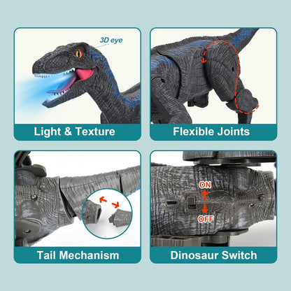 Remote Control Dinosaur for Kids Ages 3 4 5 6 7 8 9 10, RC LED Roaring Sound Rechargeable USB Port Realistic Outdoor 2.4G RC Dinosaur Toys Gifts for Boys Kids 3-10 Years Old Velociraptor Toys, Gray
