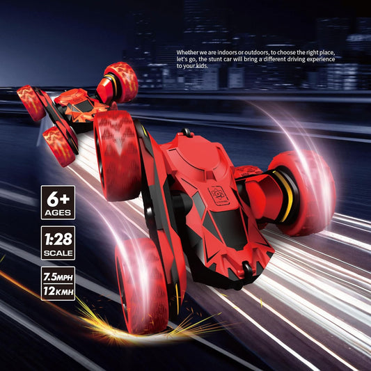 PowerTRC RC Stunt Car Remote Control Car 360° Rotating 4WD Double-Sided Flips Car Toy for Boys Girls Birthday Gift Red