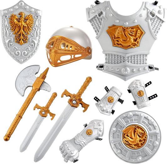 Medieval Knight in Shining Armor Toy for Kids with Helmet Swords Shields Accessories, Knight in Shining Armor Costume Pretend Role Play Cosplay School Party Halloween Dress Up
