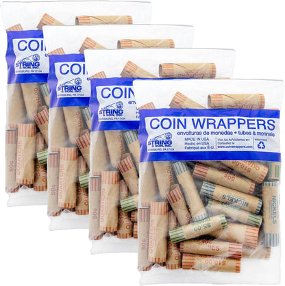 Assorted Coin Wrappers Rolls, Made in USA, Quarters Pennies Nickels Dimes, Durable Preformed Paper Coins Tubes (36/Pack), 1-Pack