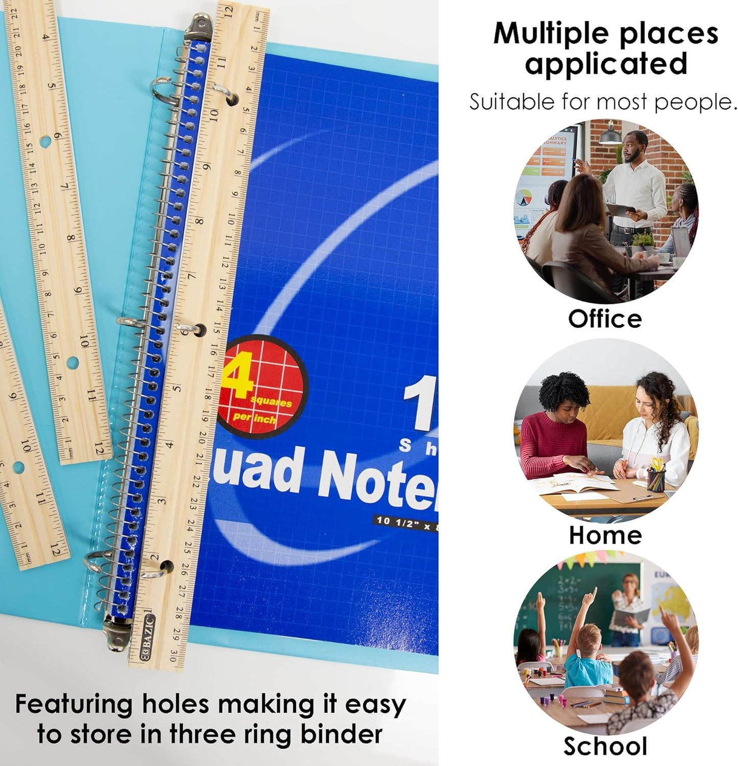 Wooden Ruler 12" (30cm), Singel Metal Edge, Inches Centimeter Metric Measuring Drafting Rulers, for Students School Supplies (3/Pack), 1-Pack