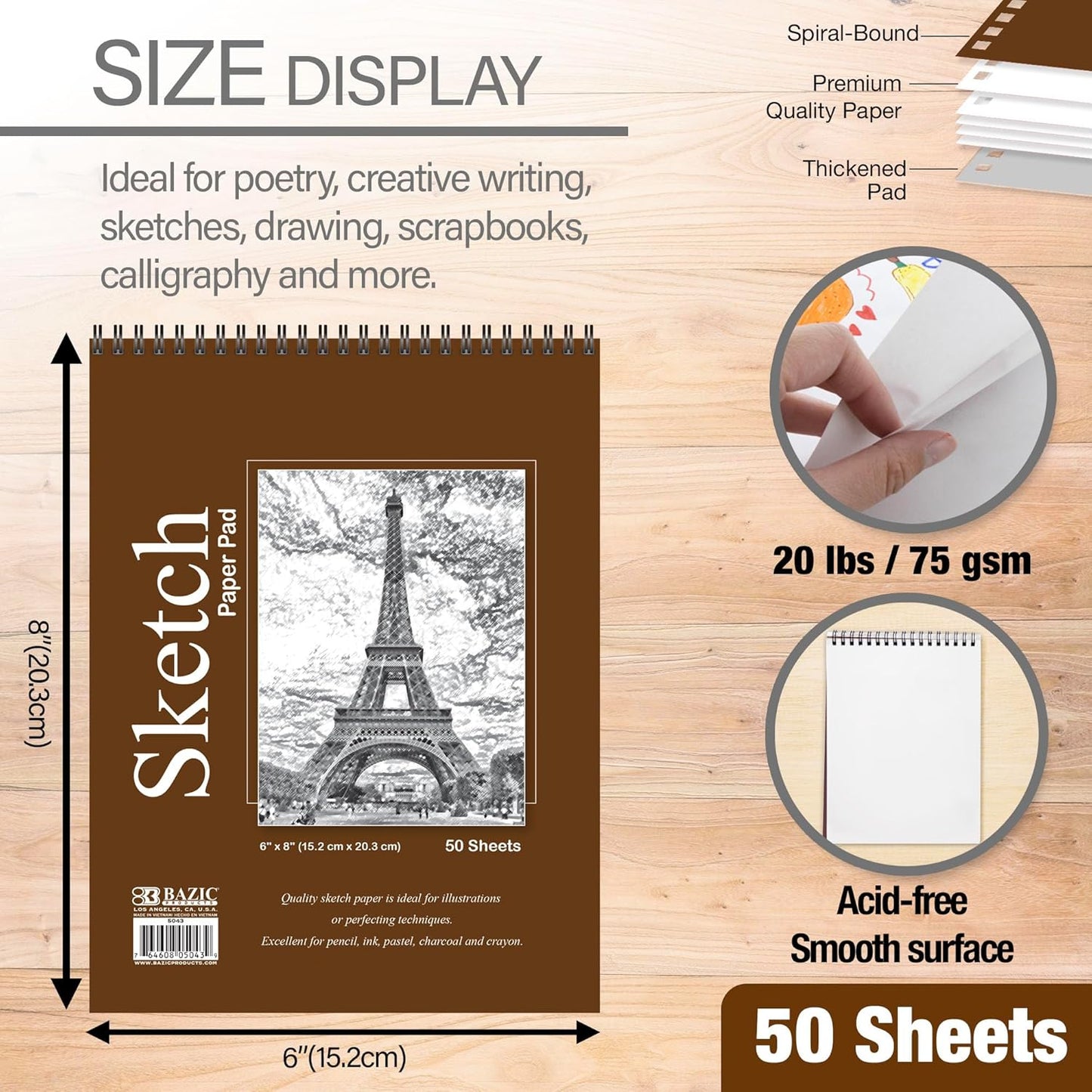 Sketch Pad 50 Sheet 6" X 8", Top Bound Spiral Sketchbook Drawing Pads, Sketching Paper Coloring Book for Artist School, 1-Pack