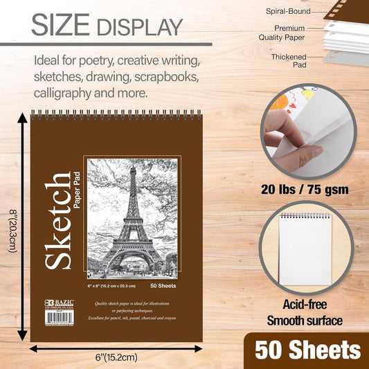 Sketch Pad 50 Sheet 6" X 8", Top Bound Spiral Sketchbook Drawing Pads, Sketching Paper Coloring Book for Artist School, 1-Pack
