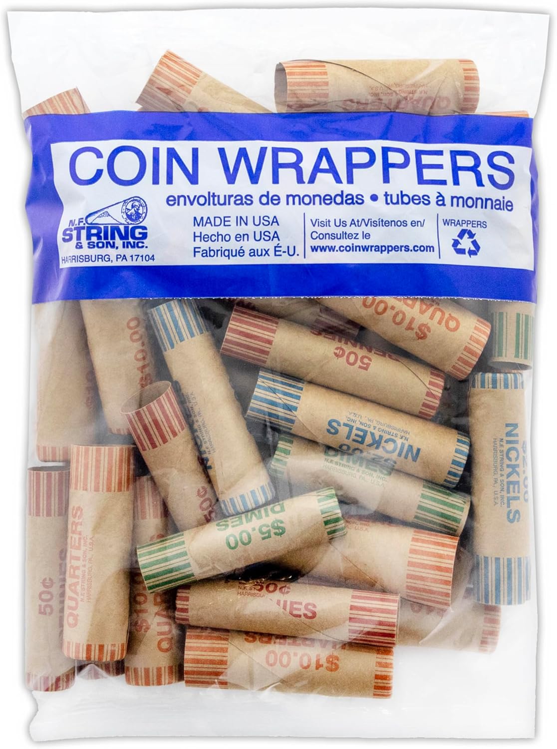 Assorted Coin Wrappers Rolls, Made in USA, Quarters Pennies Nickels Dimes, Durable Preformed Paper Coins Tubes (36/Pack), 1-Pack