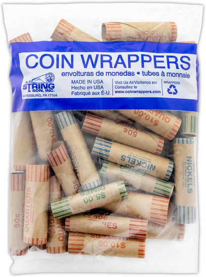 Assorted Coin Wrappers Rolls, Made in USA, Quarters Pennies Nickels Dimes, Durable Preformed Paper Coins Tubes (36/Pack), 1-Pack