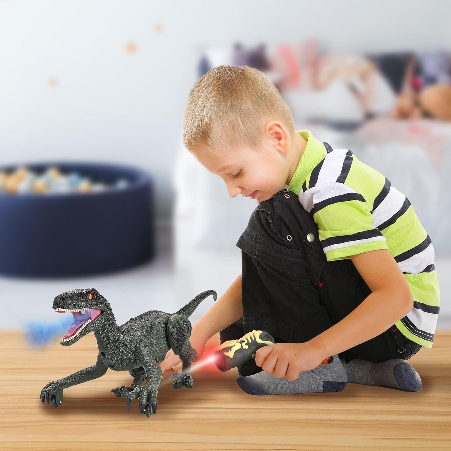 Remote Control Dinosaur for Boys 4-7, RC Dinosaur Toys for Kids 3-5 with Realistic Legs & Spray Stream, LED Light Chasing Dinosaur Toys for Kids 8-12 Birthday Gift Green