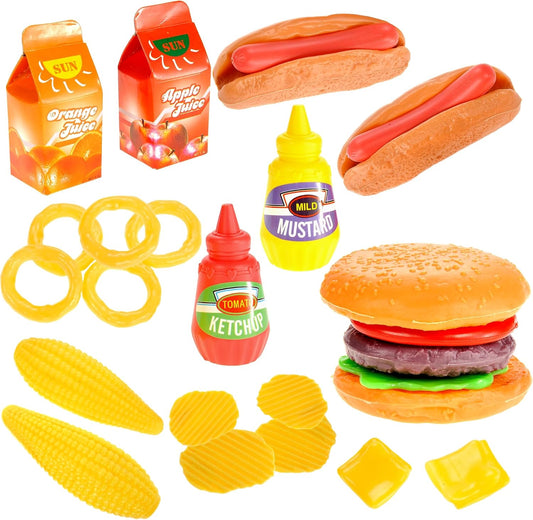 26 Pcs Deluxe Kids Fast Food Play Set – Pretend Burger, Hot Dog, Potato Chips, Onion Rings, Corn and More, Cooking Play Set Play Kitchen Accessories
