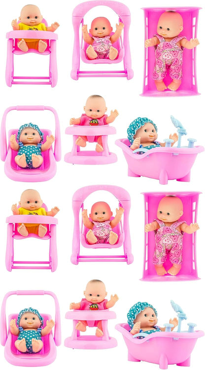 6 Set of Mini 5 Inch Baby Girl Toy Dolls Collection with High Chair, Cradle, Walker, Swing, Bathtub and Baby Seat Accessories for Girls 3-6 Years Old
