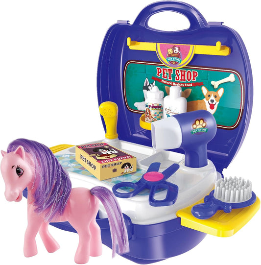 Little Pet Pony Doll Playset, Hair Styling Pony Toy with Travel Case and Accessories, Pretend Play Beauty Toys for Boys and Girls Ages 3 4 5 6 7, Interactive Fun Pont Doll Gift Set