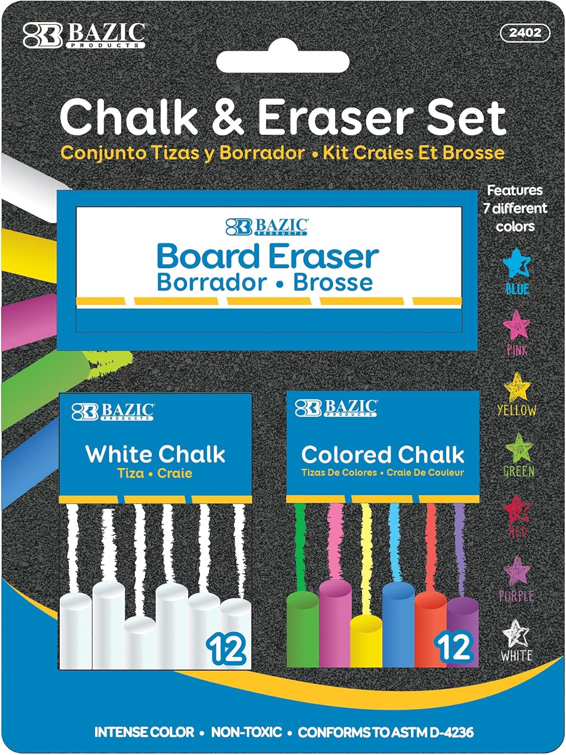 Colored (12 Pcs) + White (12 Pcs) Chalk + Premium Chalkboard Eraser Bundle, Non-Toxic Kids Art Office Classroom Store Home, 1-Pack