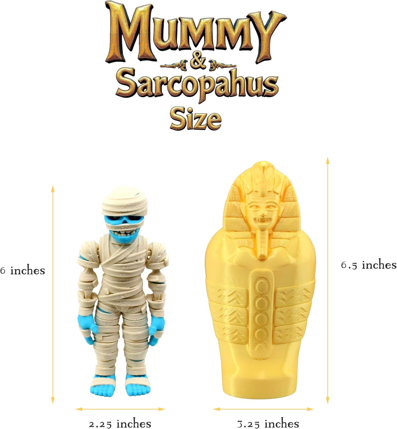 PowerTRC Articulated Mummy with Sarcophagus – 3D Printed Ancient Egypt Collectible Figurine, Desk Decor, Shelf Display, Halloween Decoration, Made in USA