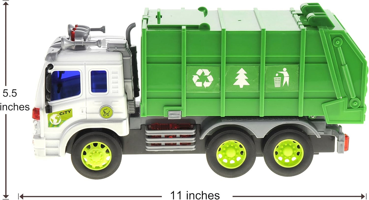 PowerTRC Garbage Truck Toy Trash Truck, Friction Powered Toddlers Garbage Truck Toy Recycling Truck with Light and Sound (Green)